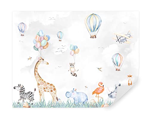 Tapeko Fototapete im Kinderzimmer | Vliestapeten 260x180 cm | Hirsche, Bären, Giraffen, Zebras, Wald | Tapete Kinderzimmer | Für Mädchen, Jungs | Grau u59757