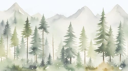 UNIK Nordic Vliestapete, BxH 450x250 cm, Tannenwald im Nebel, Tapete Aquarell Design, Fototapete Baby- und Kinderzimmer, XXL Kindertapete in hellen Farben, Wandtapete Natur Wald-Motiv, Made in Germany