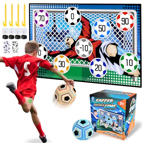 JONRRYIN Fußball Spielset für Kinder 3 4 5 6 7 8, Kinder Fusball Spielzeug für Garten Indoor Outdoor, Fußball-Spielmatte, Fußbälle mit Klettbällen, Fussball Geburtstag Geschenke für Jungen Mädchen